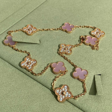 [Amore Jewels]CLOVER 10 MOTIFS DIAMOND PINK MOP NECKLACE