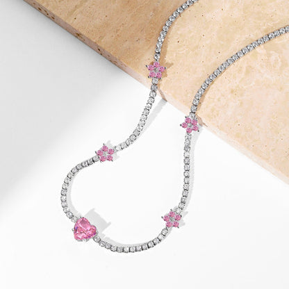 [Amore Jewels]Dazzling Pink Heart Flower Necklace