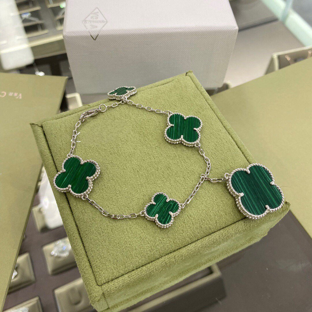 [Amore Jewels]CLOVER 5 MOTIFS SIVLER MALACHITE BRACELET