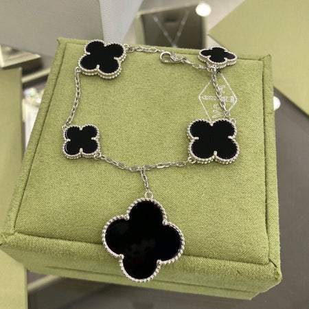 [Amore Jewels]CLOVER 5 MOTIFS SIVLER ONYX BRACELET