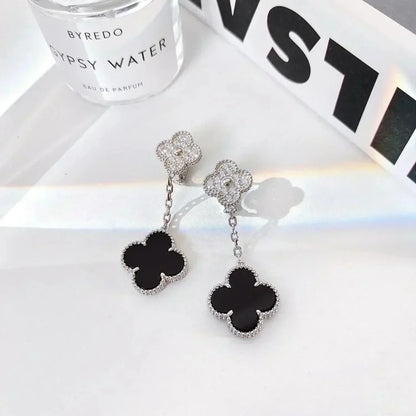 [Amore Jewels]CLOVER 2 MOTIFS  DIAMOND ONYX EARRINGS SILVER