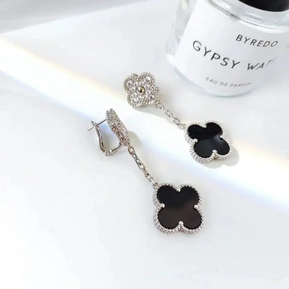 [Amore Jewels]CLOVER 2 MOTIFS  DIAMOND ONYX EARRINGS SILVER