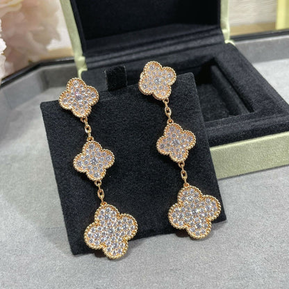 [Amore Jewels]CLOVER 3 MOTIFS DIAMOND PAVED ROSE GOLD EARRINGS