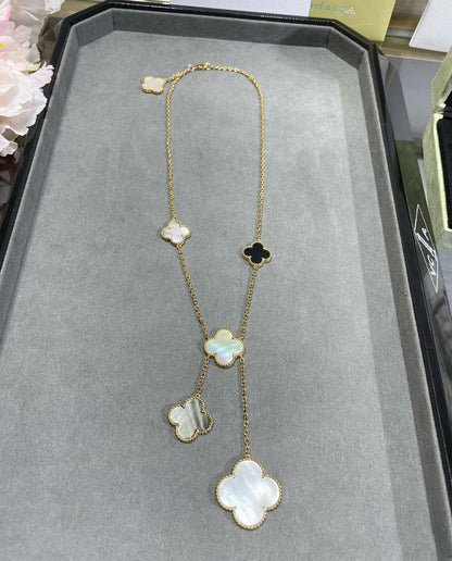 [Amore Jewels]CLOVER 6 MOTIF MOP ONYX GOLD NECKLACE