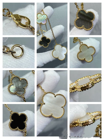 [Amore Jewels]CLOVER 6 MOTIF MOP ONYX GOLD NECKLACE