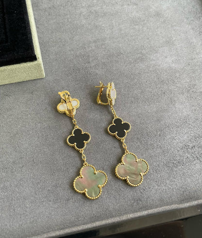 [Amore Jewels]CLOVER 3 MOTIF MOP ONYX DARK MOP PINK GOLD EARRINGS