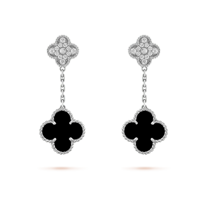 [Amore Jewels]CLOVER 2 MOTIFS  DIAMOND ONYX EARRINGS SILVER