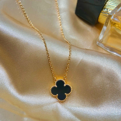 [Amore Jewels]CLOVER 15MM BLACK ONYX SINGLE FLOWER NECKLACE