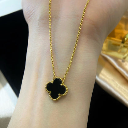 [Amore Jewels]CLOVER 15MM BLACK ONYX SINGLE FLOWER NECKLACE
