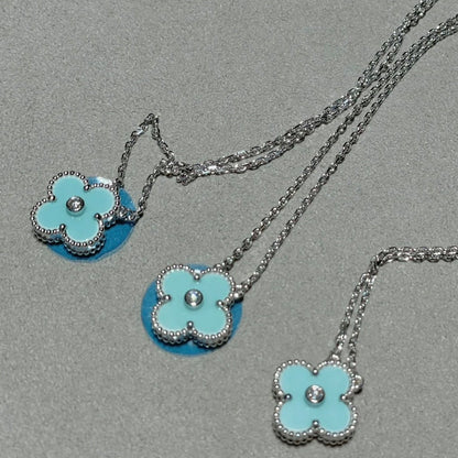 [Amore Jewels]CLOVER 1 DIAMOND LIGHT BLUE SILVER NECKLACE