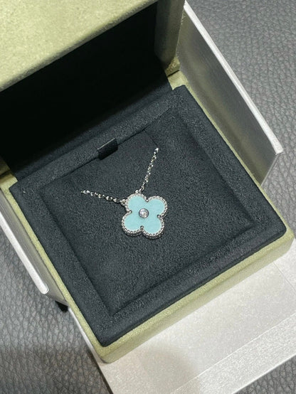 [Amore Jewels]CLOVER 1 DIAMOND LIGHT BLUE SILVER NECKLACE