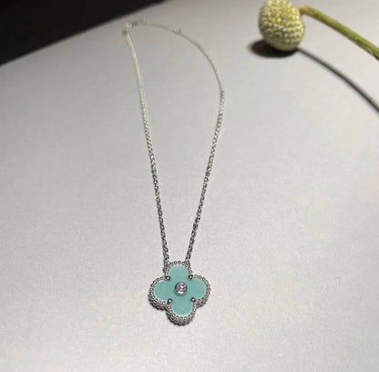 [Amore Jewels]CLOVER 1 DIAMOND LIGHT BLUE SILVER NECKLACE