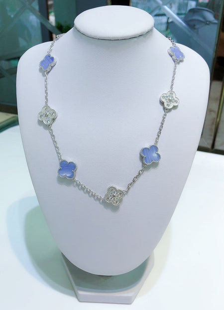 [Amore Jewels]CLOVER 10 MOTIFS CHALCEDONY DIAMONDS SILVER NECKLACE