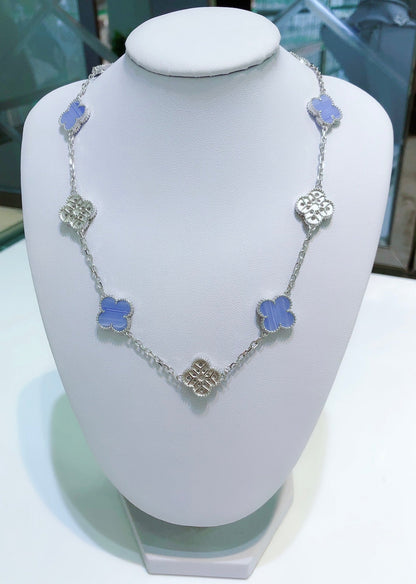 [Amore Jewels]CLOVER 10 MOTIFS CHALCEDONY DIAMONDS SILVER NECKLACE