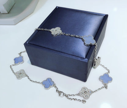 [Amore Jewels]CLOVER 10 MOTIFS CHALCEDONY DIAMONDS SILVER NECKLACE