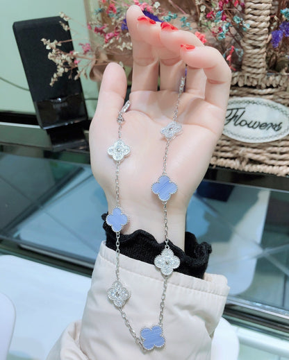 [Amore Jewels]CLOVER 10 MOTIFS CHALCEDONY DIAMONDS SILVER NECKLACE